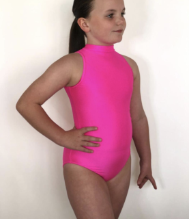 TONI SLEEVELESS LEOTARD FLO PINK HIGH NECK KEYHOLE BACK